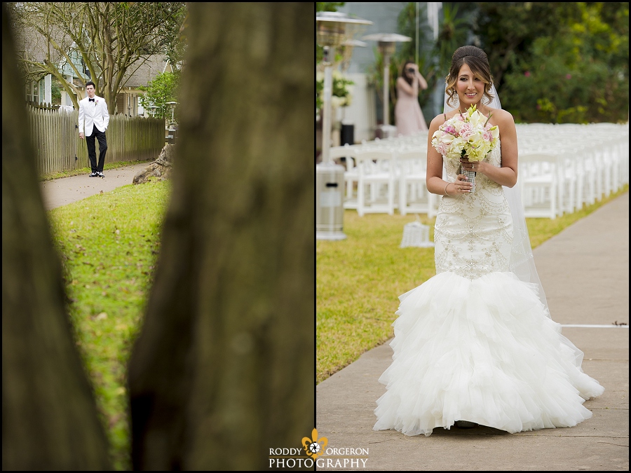 bride and groom first look walk