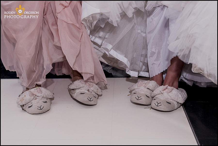 wedding slippers on bride and bridesmaid