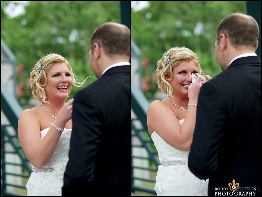 First look with bride and groom in Armstrong Park