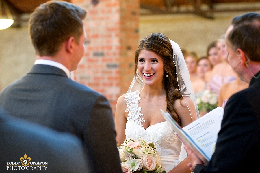 Bride staring into the eyes of her groom at The Olde Dobbin Station in Texas