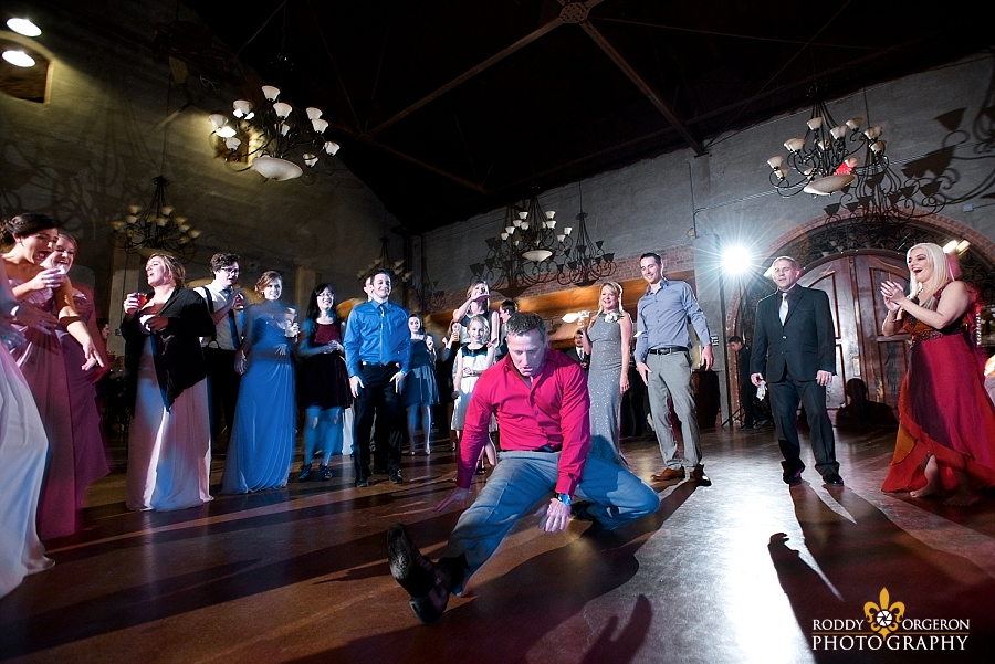 fun dancing at the wedding reception at The Olde Dobbin Station in Texas