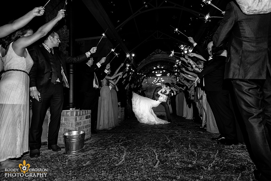 Sparkler exit with bride and groom at The Olde Dobbin Station in Texas