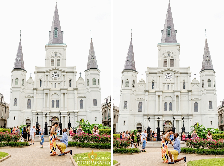 Jamal proposals to Rachel in front of the Saint Louis Cathedral in New Orleans