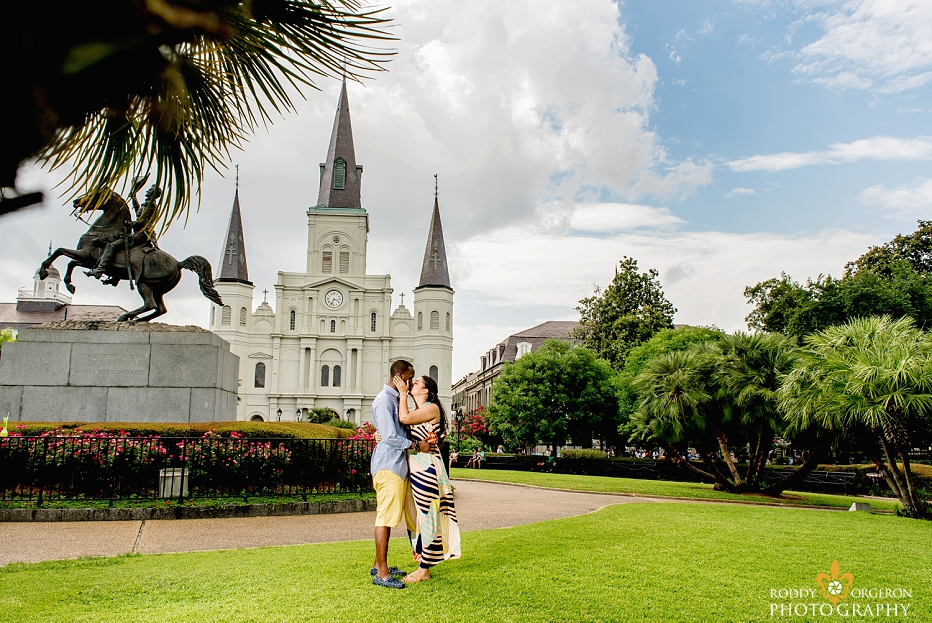Portrait of soon to be bride and groom after their proposal in Jackson Square New Orleans