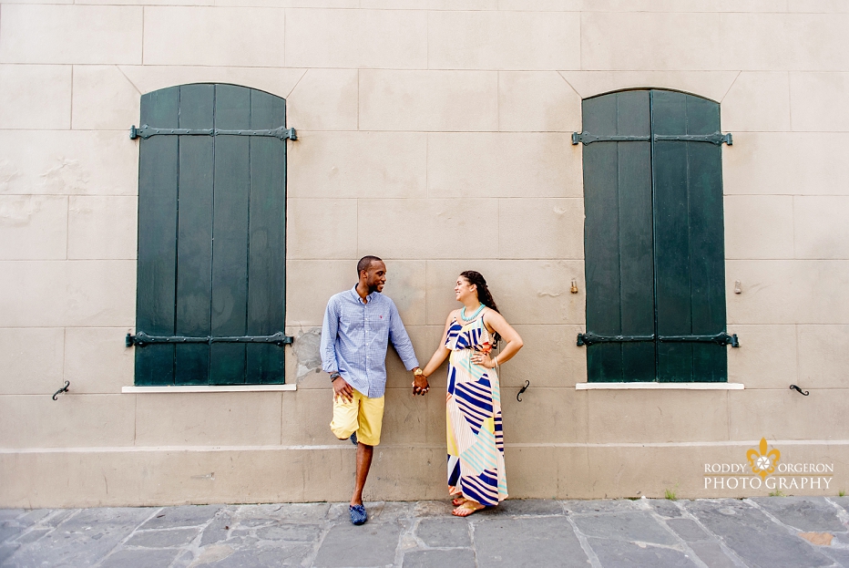 Portrait of soon to be bride and groom after their proposal in Pirates Alley in New Orleans