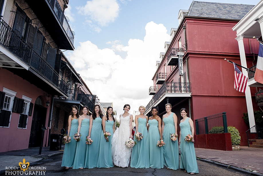 Bride with bridesmaids in the French Quarter New Orleans