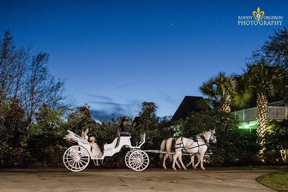 Southern Oaks horse and carriage with bride and father