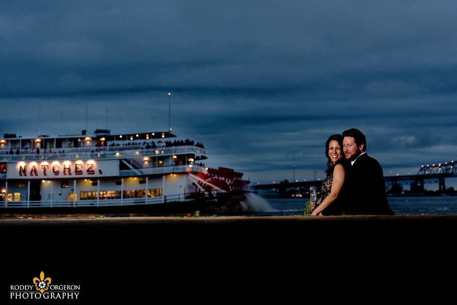Bride and Groom Engagement Session in New Orleans with the Natchez in the background