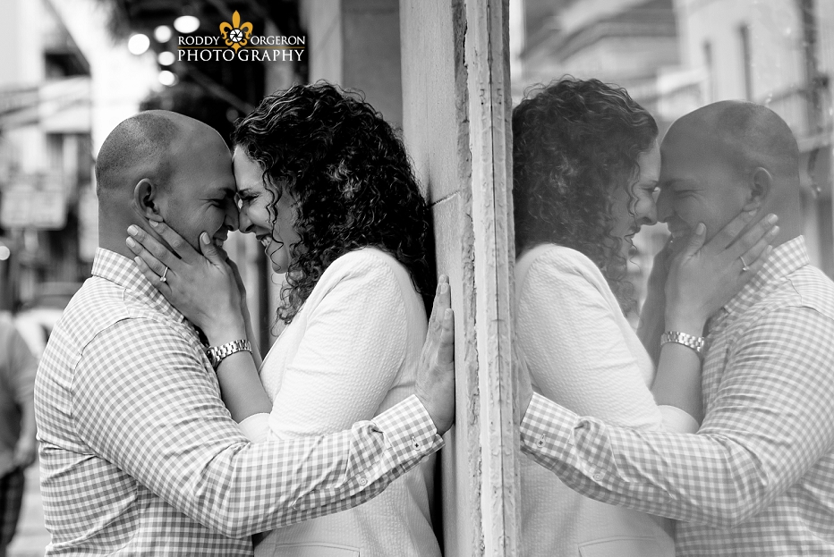 Engagement Session in New Orleans with window reflection
