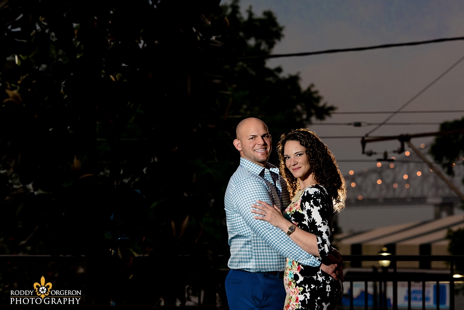 Engagement Session in New Orleans with the Mississippi River bridge in the background