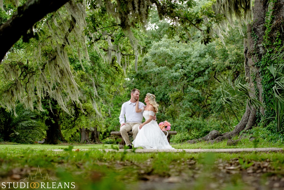  City Park Elopement - bride and groom posing for portraits under the oak trees