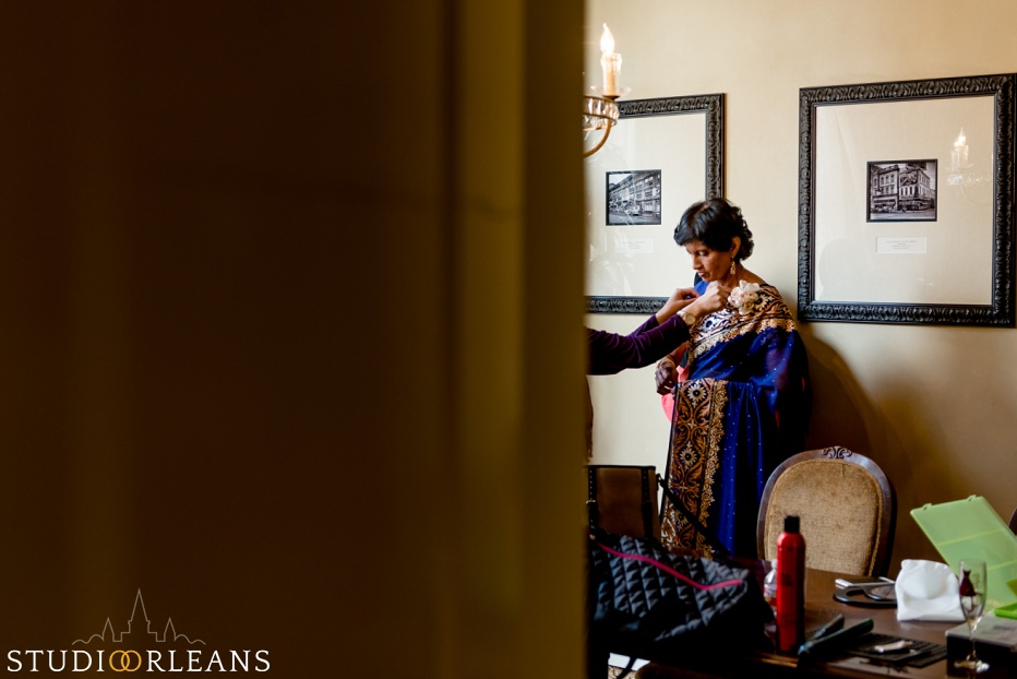 Indian wedding bride prep - mother of the bride getting ready at the Roosevelt hotel in New Orleans