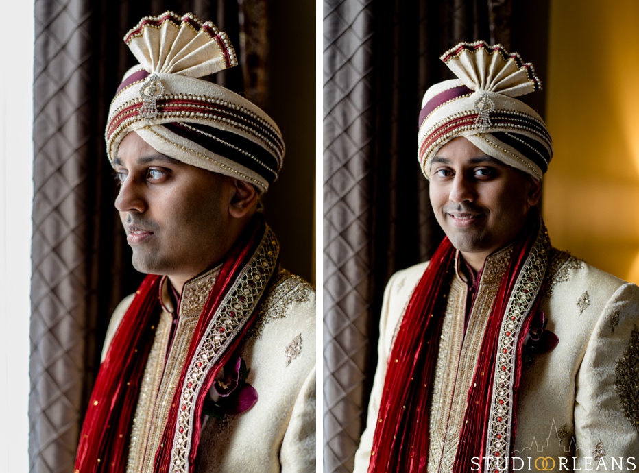 Indian wedding the groom looking out the window at the Roosevelt hotel in New Orleans