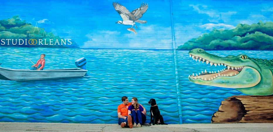 Engaged couple hanging out with there dog 