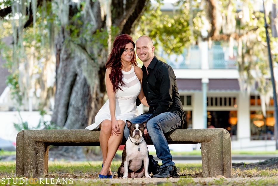 City Park Engagement Session in New Orleans with a couple and their cute dog Taz
