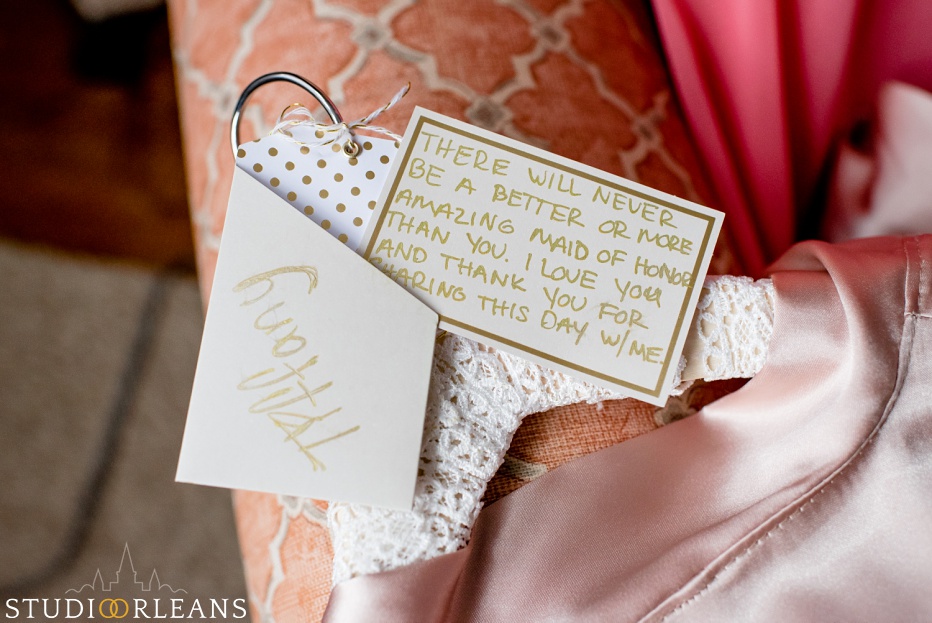 Beautiful note written to a bridesmaid from the bride at Cedar Grove Plantation wedding. Photo by Studio Orleans New Orleans Photographers