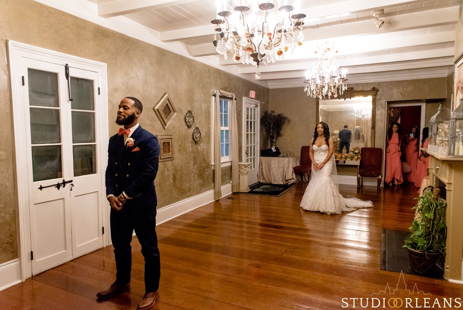 The groom gets ready for the first look at his bride. This was taken at Cedar Grove Plantation. Photo by Studio Orleans New Orleans Photographers