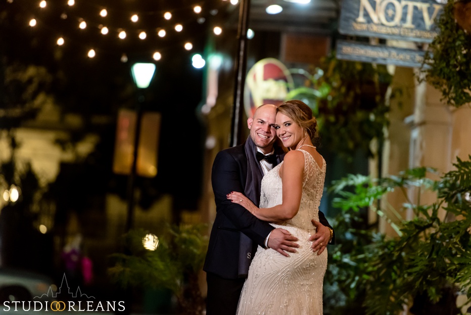 A beautiful portrait of a bride and groom at Exchange Alley in the French Quarter in New Orleans