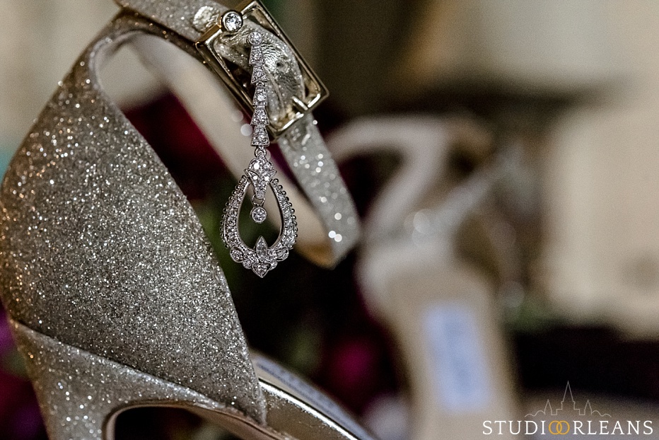 Beautiful earrings with Jimmy Choo shoes taken during bride prep in New Orleans