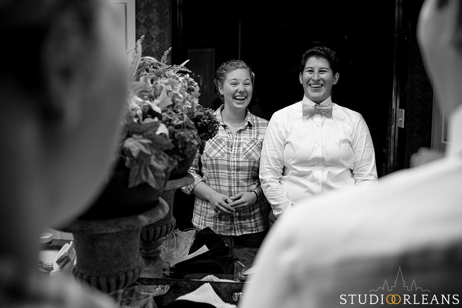 The couple look at one another as they prep for there wedding at the House of Blues in New Orleans