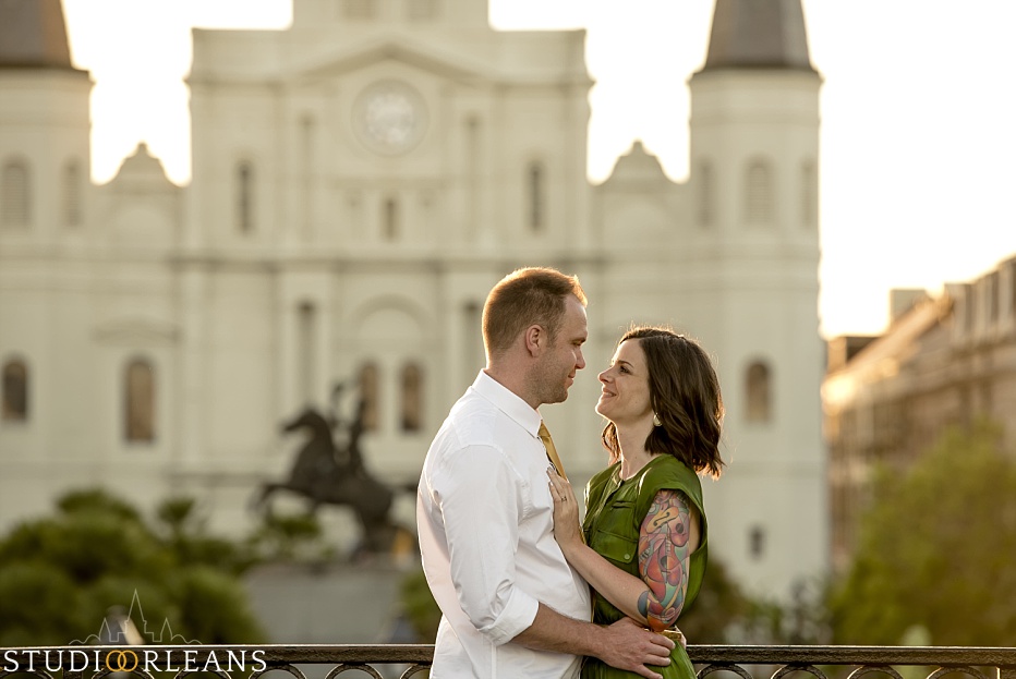 New Orleans Engagement Session in the French Quarter in front of the Saint Louis Cathedral