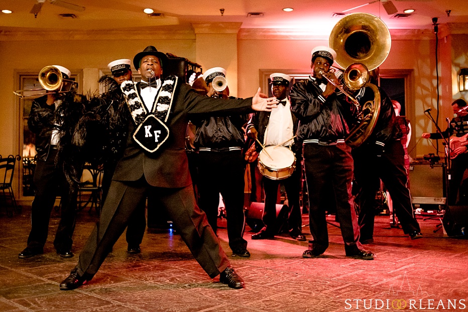Pat O Briens on the river wedding reception second line with Kinfolk brass band