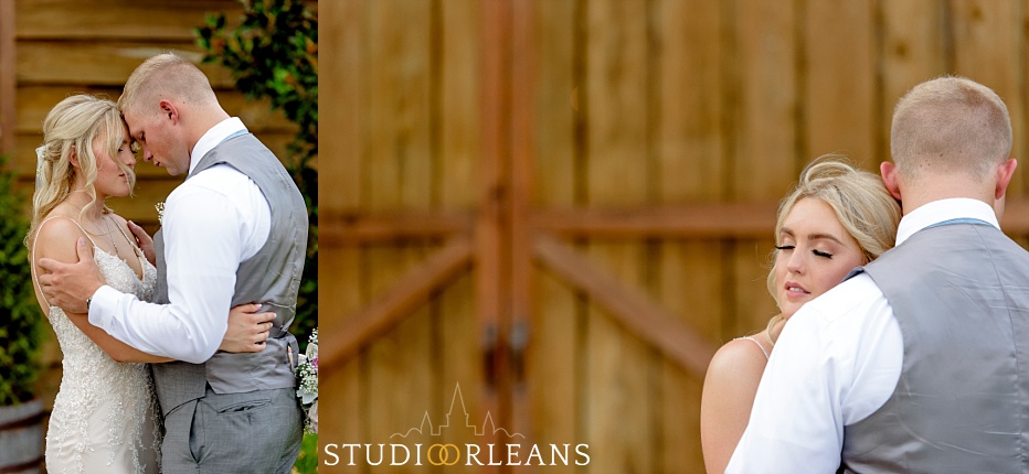 The bride and groom pose for a picture at The Berry Barn