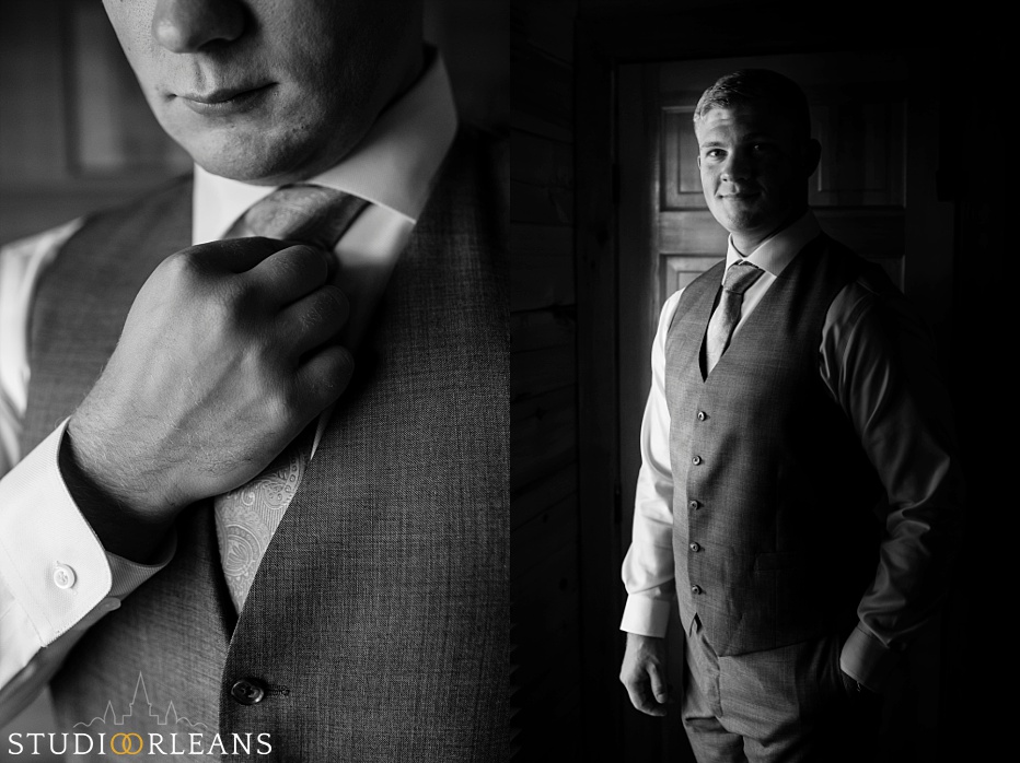 The groom wraps up getting ready for his wedding ceremony at Berry Barn 